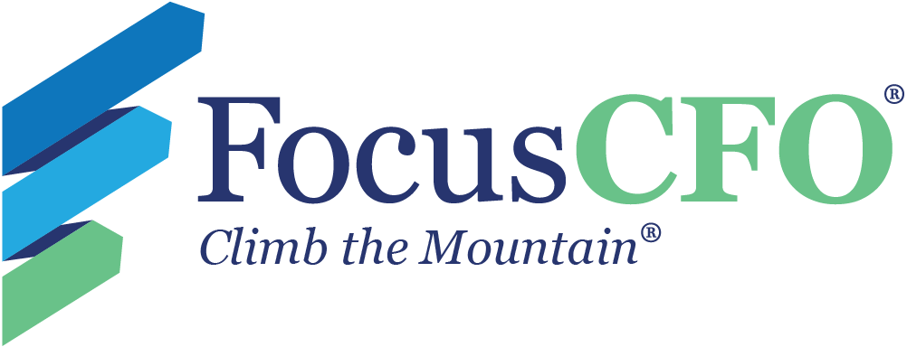 Logo that says Focus CFO and climb the mountain in blue and green font